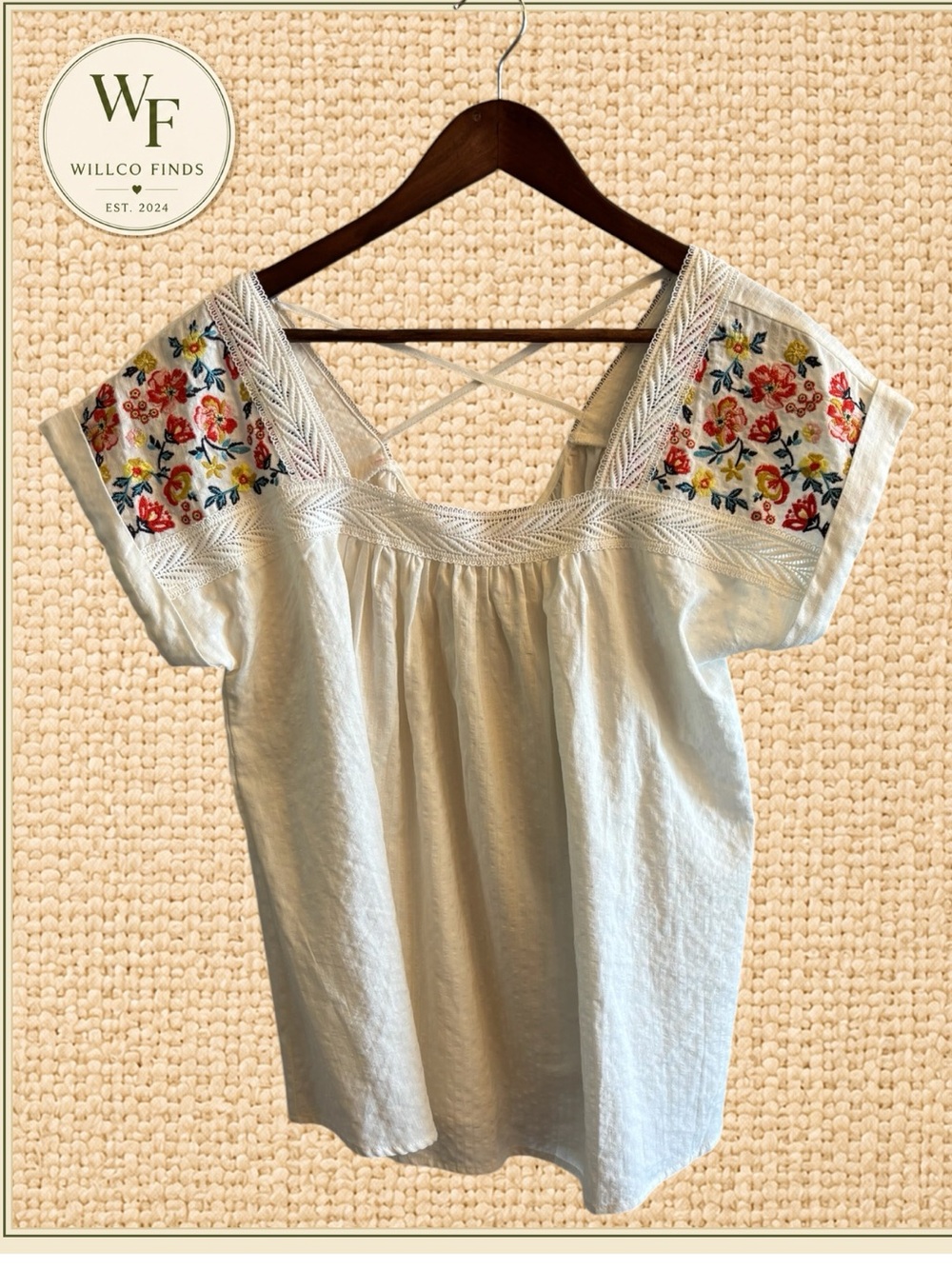 Hailey & Co White Embroidered Floral Boho Blouse Size M Cottagecore Top